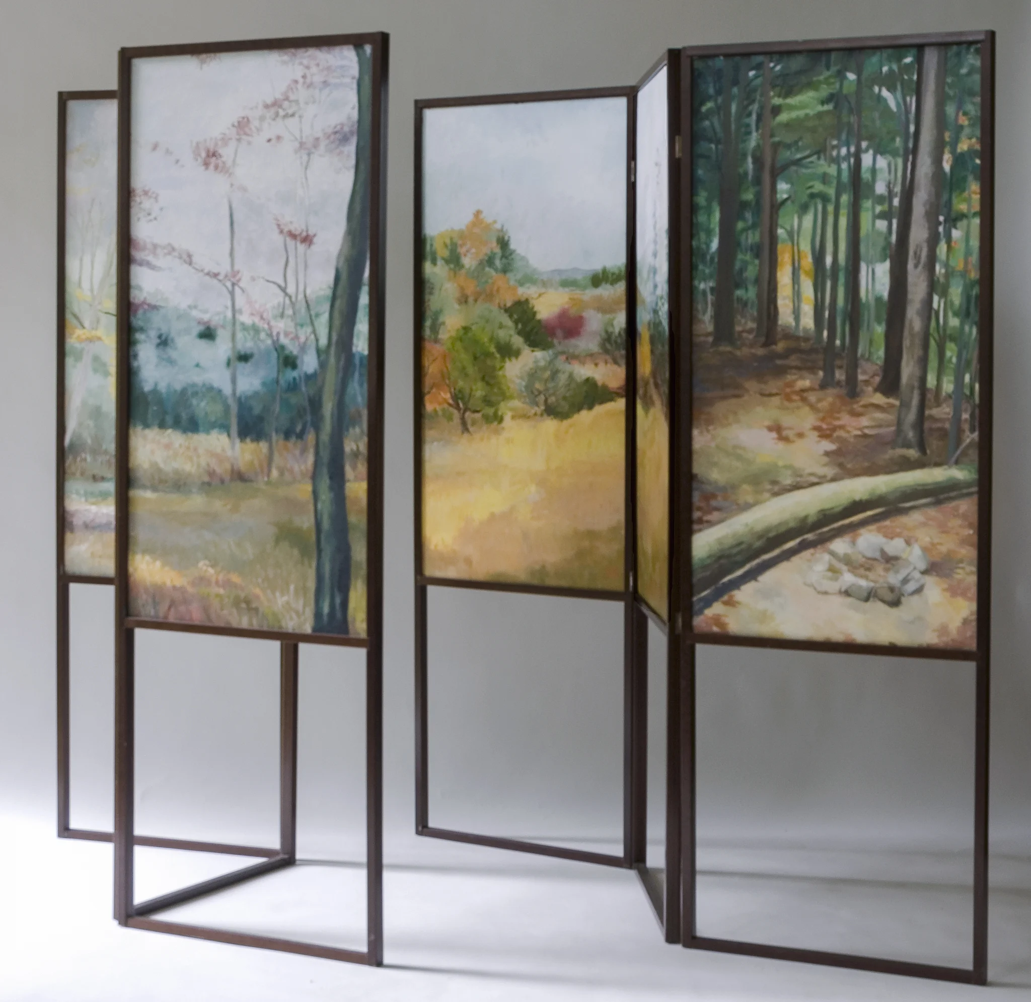 Two Walks to the Same Place oil/paper/wood 36 x 72" (two screens, six paintings on each)
