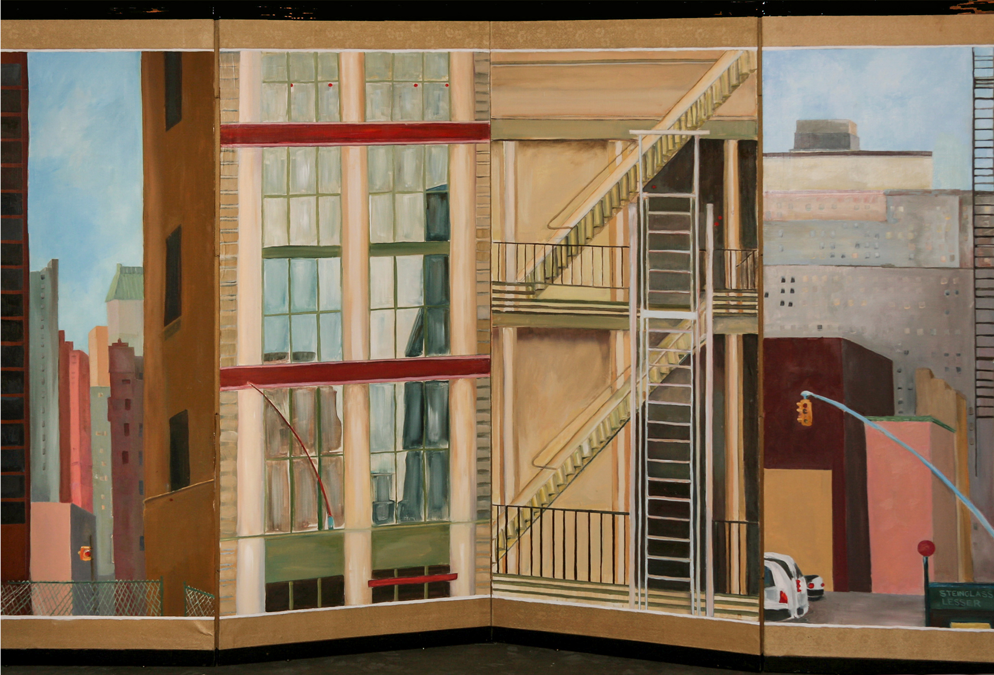   Downtown: New York  oil on silk folding-screen 36 x 72" 