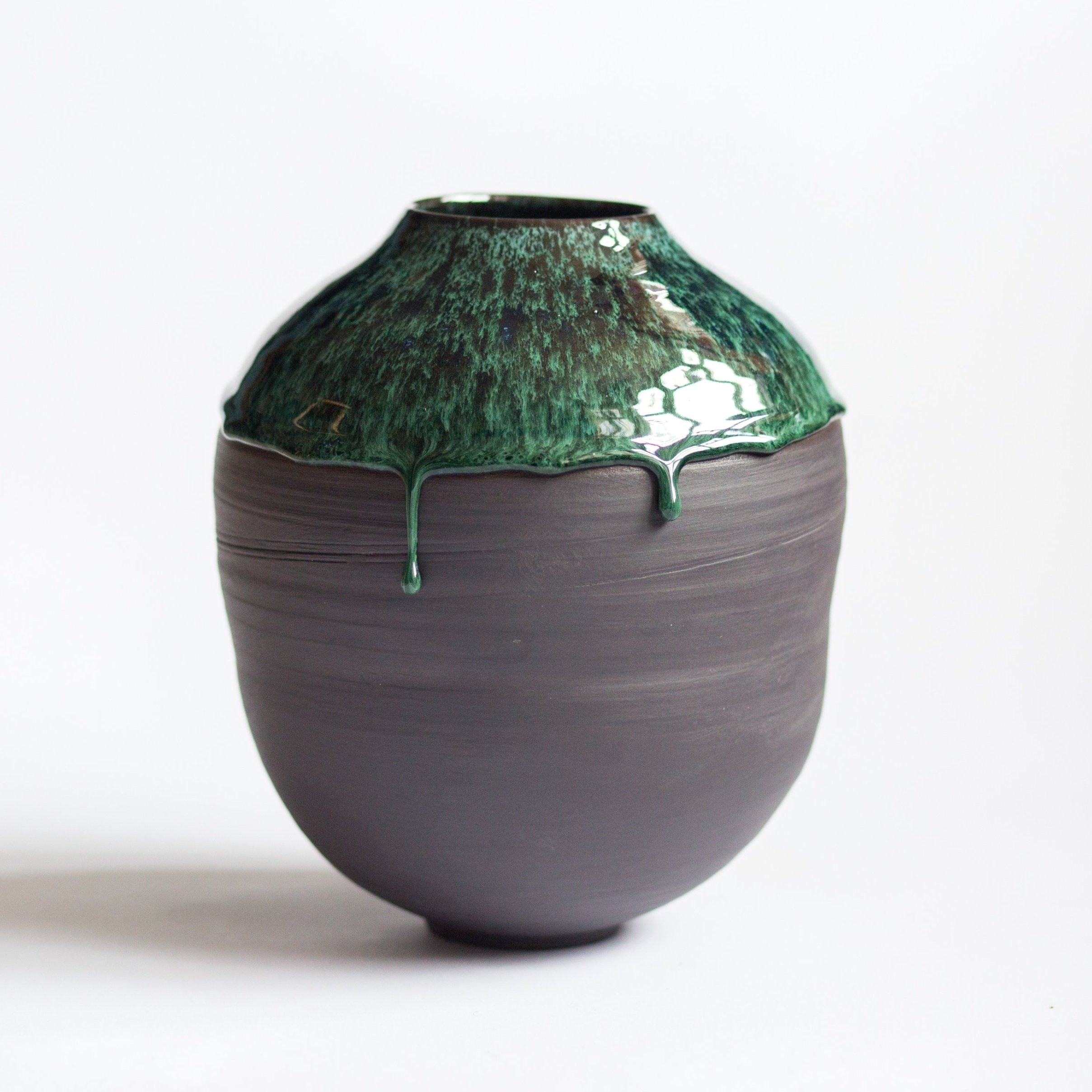 Large lava onyx black porcelain moon jar with copper green Icelandic