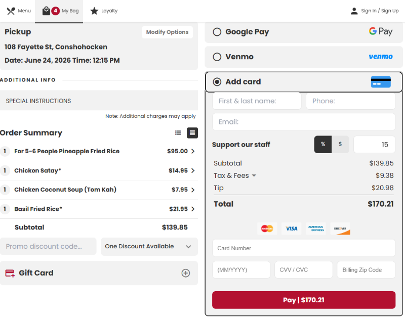 Image depicting the payment page with multiple payment options like credit card, digital wallets, loyalty and gift cards