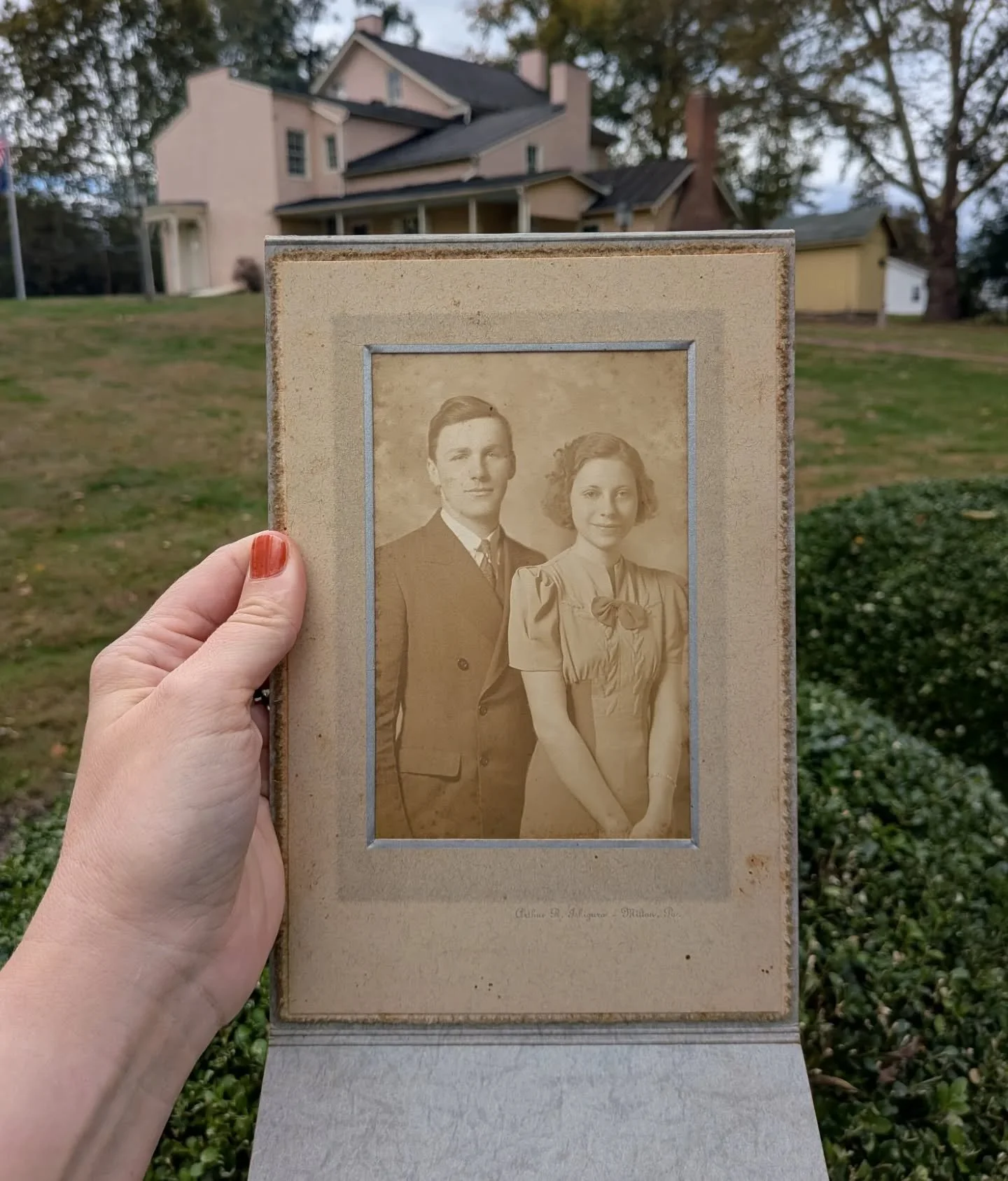 My grandparents' wedding portrait was taken in downtown Milton, PA, in 1939 by Arthur Ishiguro. Today I carried their portrait with me as I visited the Milton Historical Society's exhibit on Ishiguro's life. I learned that he made his way to Milton b