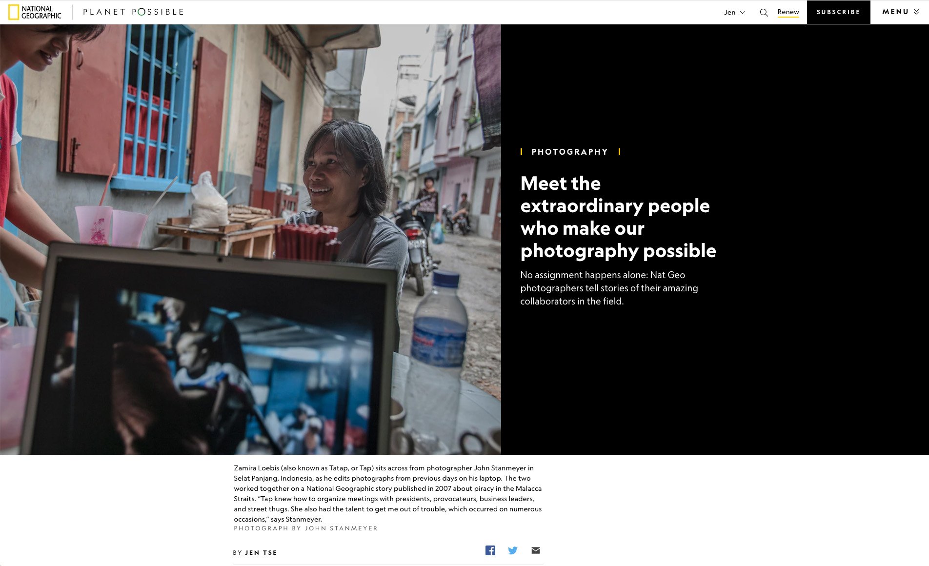  Multi-platform project celebrating the diverse collaborators behind the scenes and in the field with Nat Geo photographers (local producers, assistants, drivers, translators, and others). Article and photo edit by Jen Tse. Photographs by John Stanme