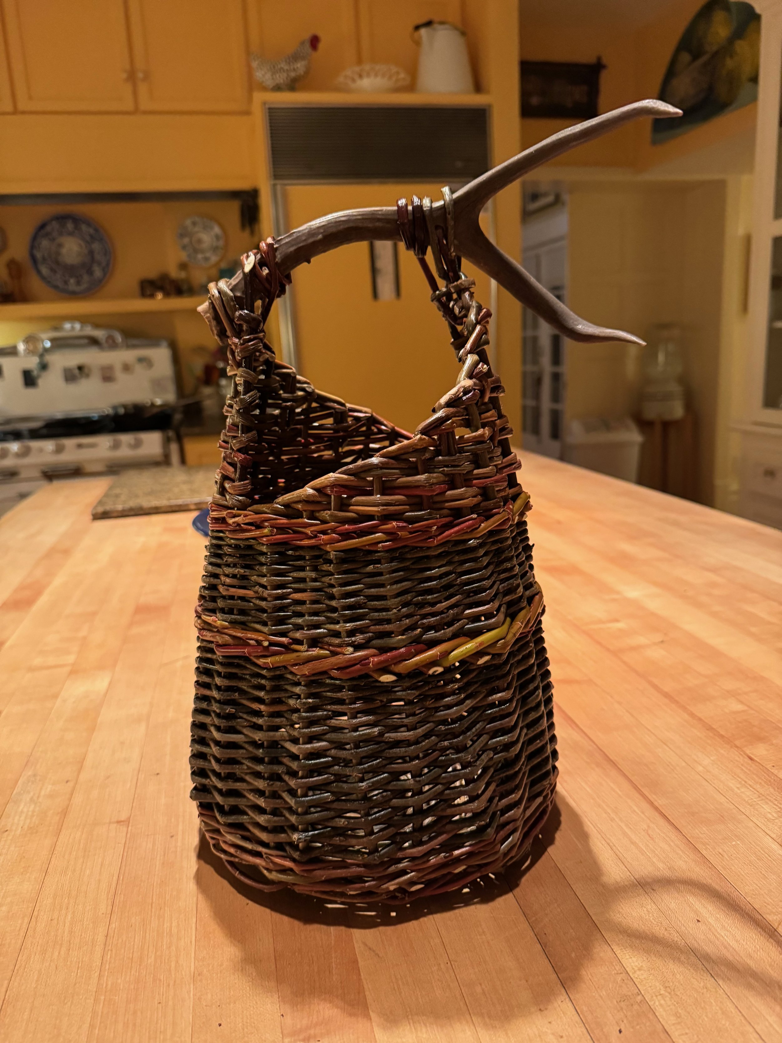 Small Asymmetrical Willw Basket with Deer Antler