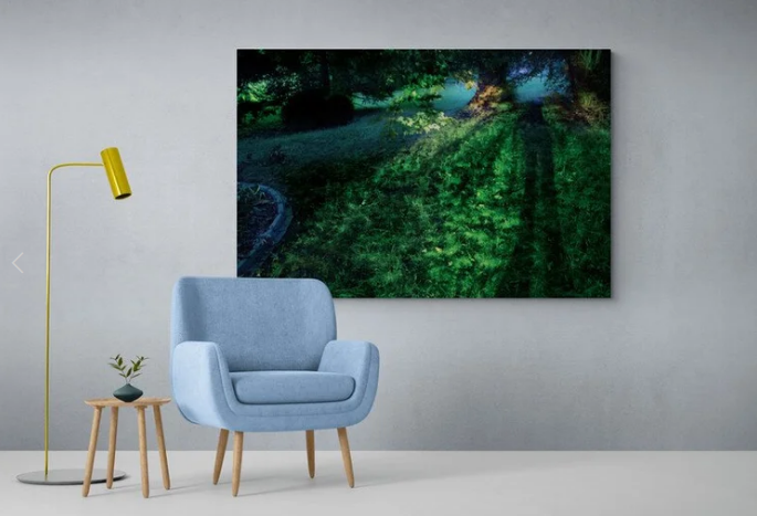 A graphic art print of leaves on the ground