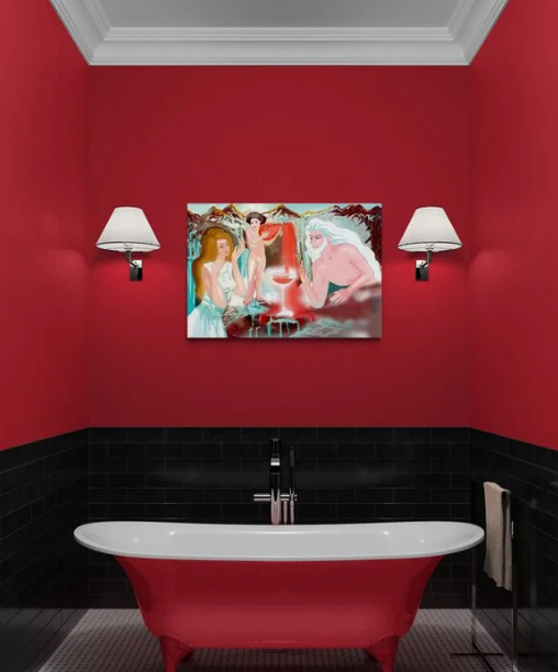A digital art print of Ganimedes in a bathroom
