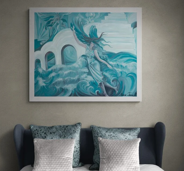 An oil on canvas print of a woman in the sky