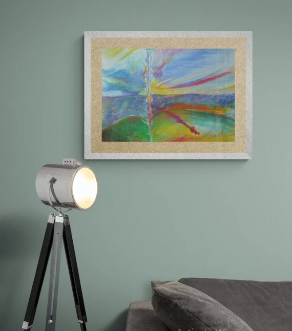 A pastel drawing framed on a wall