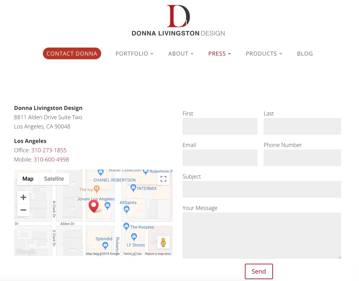 Contact form on the website of Dering Hall member Donna Livingston Design