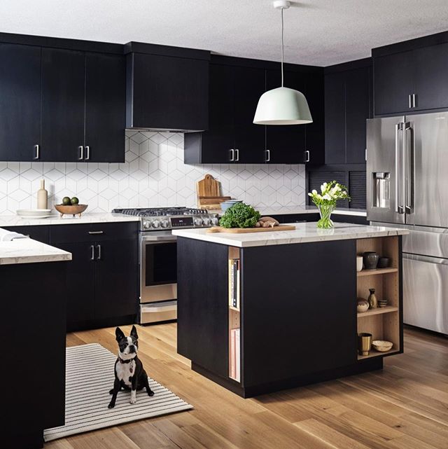This pup perfectly matches this black-and-white Scandinavian kitchen created by @formandfield. Photo: R. Bradley Knipstein. #DHDesignImage #KitchenOfTheDay #BeDering⁣ #DogsNDecor