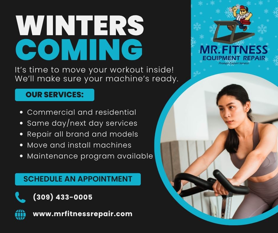 Before it gets too cold,❄️ make sure your fitness equipment is up to par and ready for the extra stress! Call Mr. Fitness Repair and we'll perform a full maintenance check while repairing any issues we see.