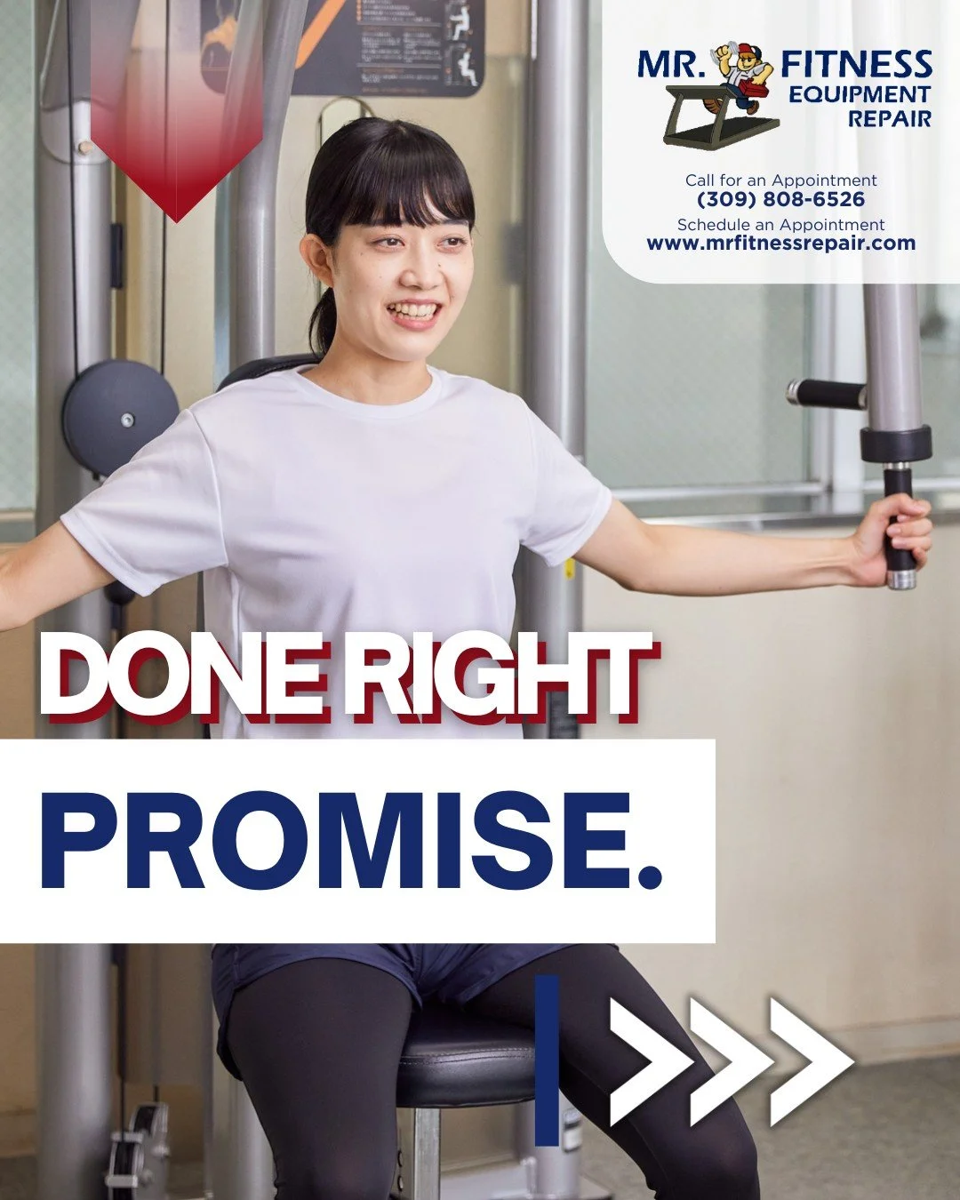 Mr. Fitness Equipment Repair is committed to excellence, ensuring top-quality work every time. That&rsquo;s why we proudly back our services with the Done Right Promise. If it&rsquo;s not done right, we promise to make it right. 💗

#MrFitness #Fitne