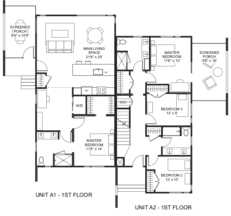  Unit A1, a 1 bedroom 1 bath first floor home, is on the left. Unit A2 is a two-story, townhouse-style floor plan with bedrooms downstairs. 