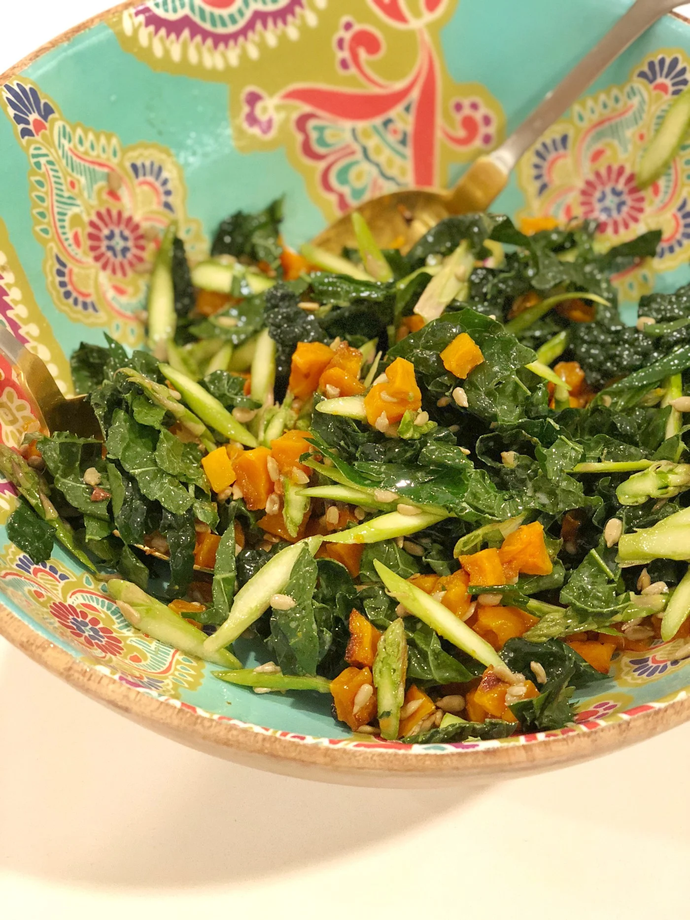 Winter Kale Salad with Shaved Asparagus, Butternut Squash, & Sunflower Seeds