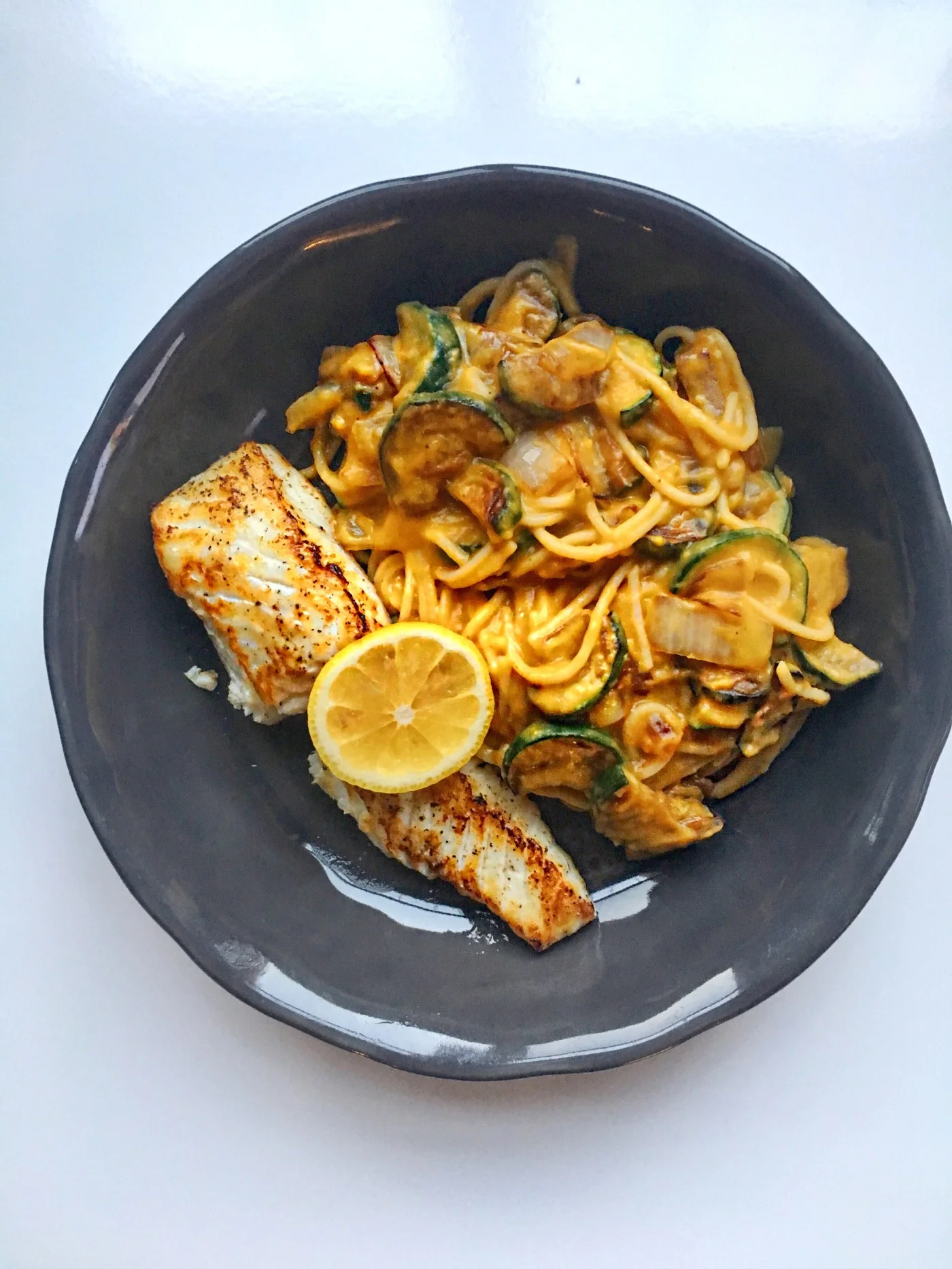 Pan Seared Lemon Halibut with Gluten Free Vegan Creamy Butternut Squash Pasta