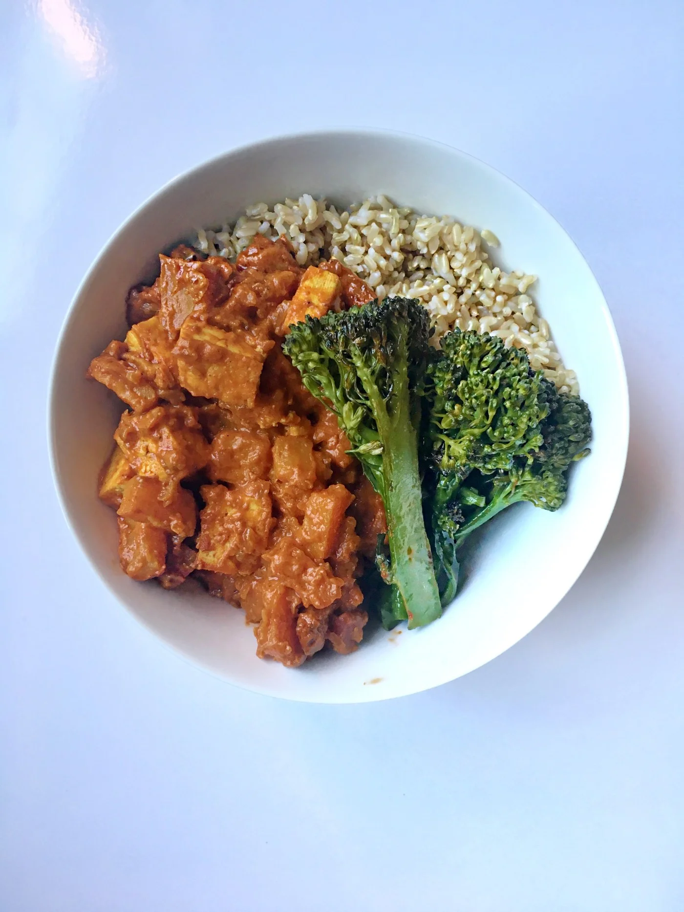Vegan Dinner: Tofu & Butternut Squash in Trader Joe's Indian Simmer Sauce with Brown Rice & Broccolini