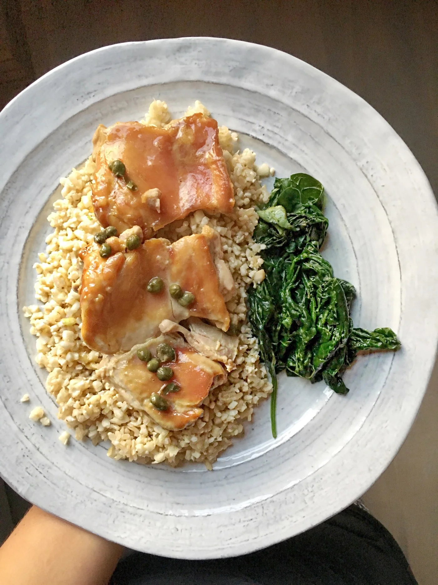 Slow Cooker Chicken Piccata with Trader Joe's Cauliflower Rice & Sautéed Spinach