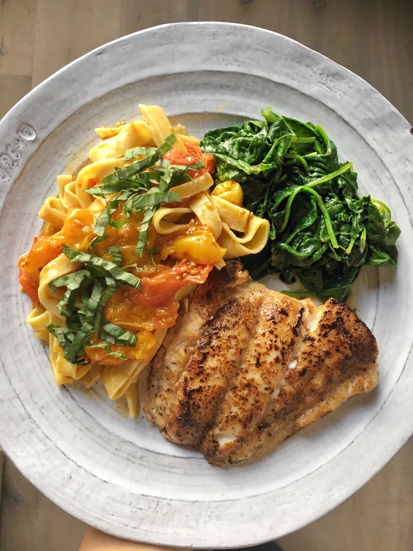 Pan Seared Lemon Butter Grouper with Tomato Basil Cappello's Fettuccini & Sautéed Spinach