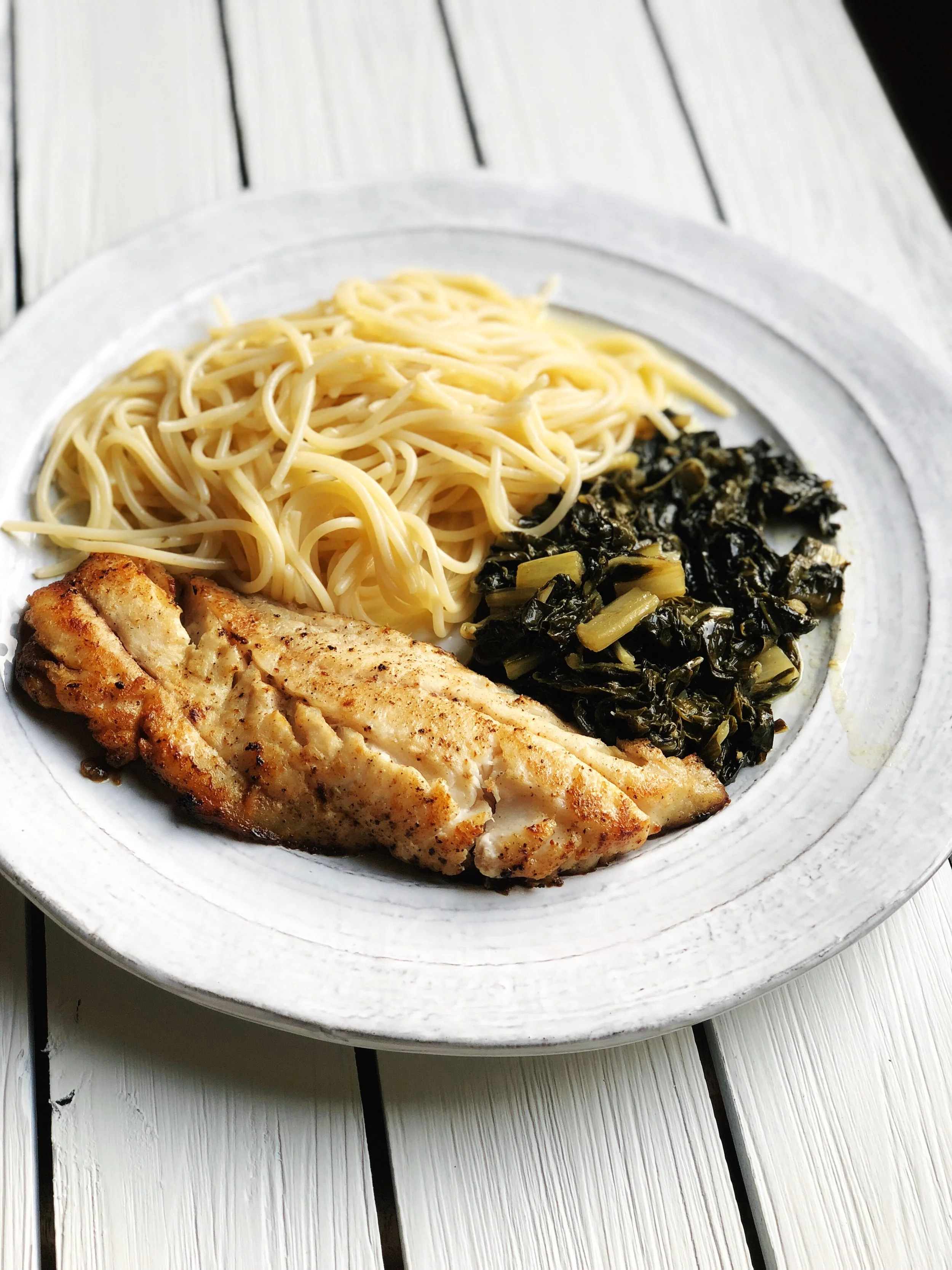 Grouper With Spaghetti Limone & Collard Greens