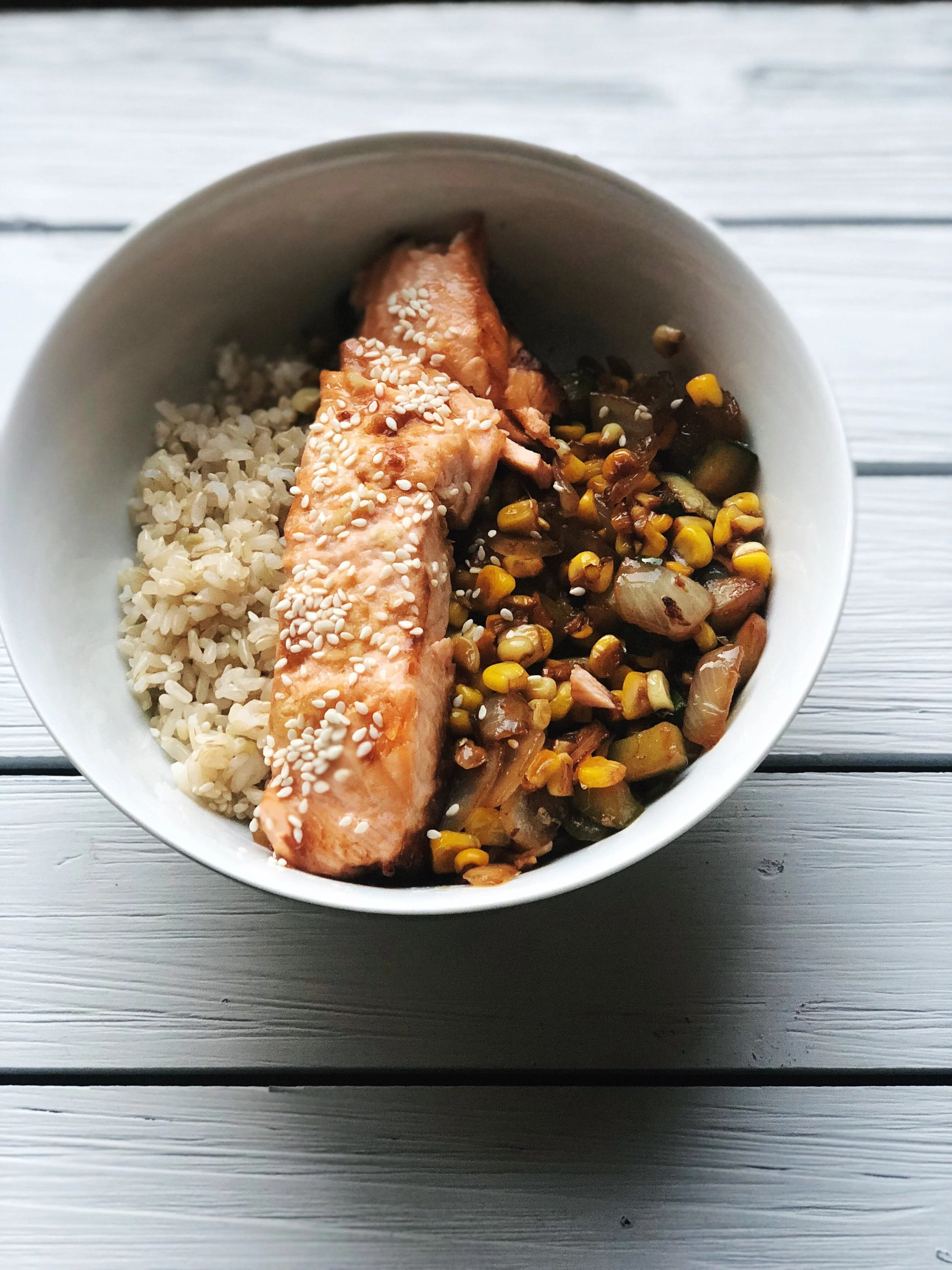 Soy Salmon Bowl with Zucchini & Sweet Corn