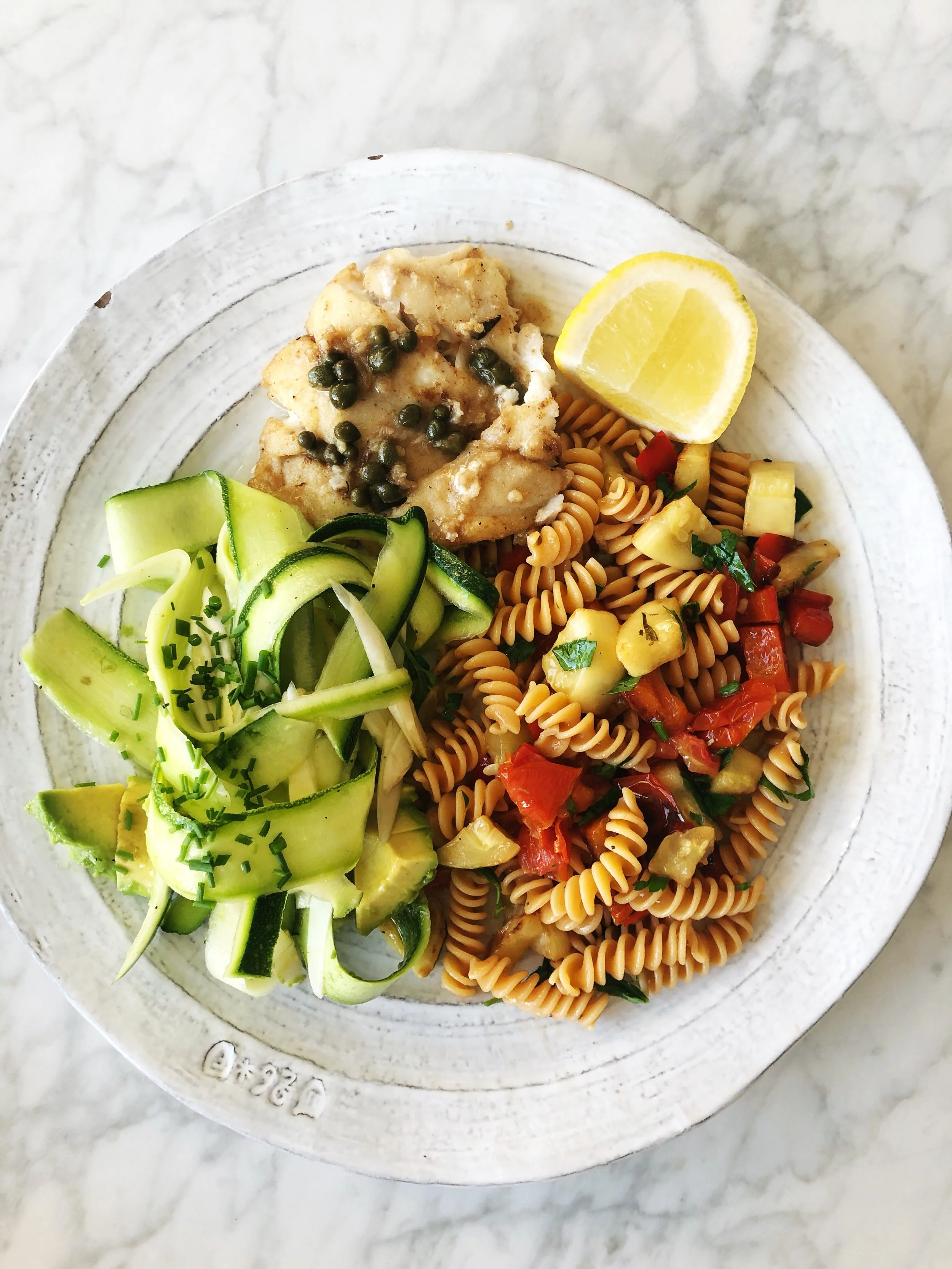 Imperfect Produce x Barilla Chickpea Pasta Dinner: Lemon Caper Grouper, Sun-dried Tomato &amp; Veggie Pasta, Shaved Zucchini &amp; White Asparagus Salad