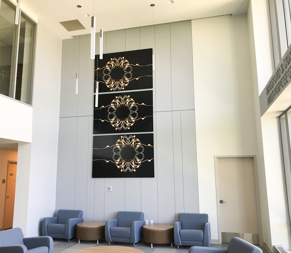 Commissioned Triptych 12 x 6 feet Installed in New England Institute of Technology's new 2018 Dormitory. Hidden love note: converge Based on Illuminate 5