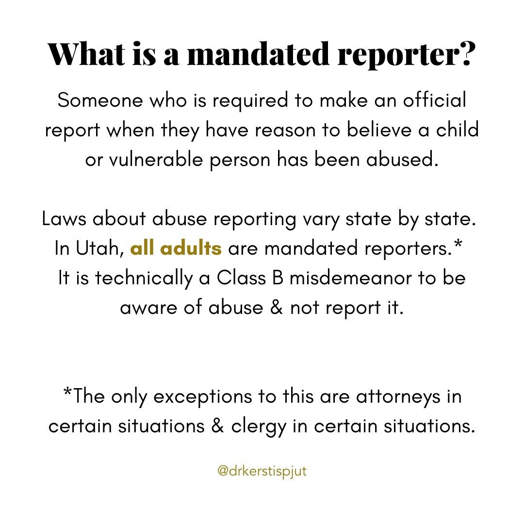 Tried to make a quick little carousel with common questions about reporting child abuse, and I immediately filled the max of 10 slides. There's a lot to say here. ⁣⁣
⁣⁣
Typically when we think of mandated reporters, we think of professionals who inte