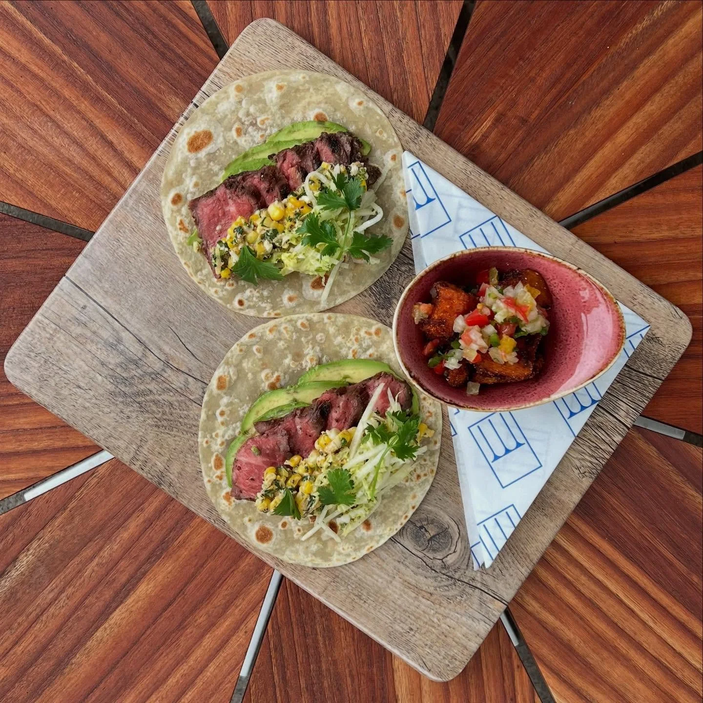 Grilled Citrus-Marinated Flank Steak Tacos 

avocado, esquites, j&Iacute;cama
slaw, and cilantro, on yoli&rsquo;s flour tortilla, side of sweet potato fries 

TGIF! Lunch menu only 

📸 @keith_goldman