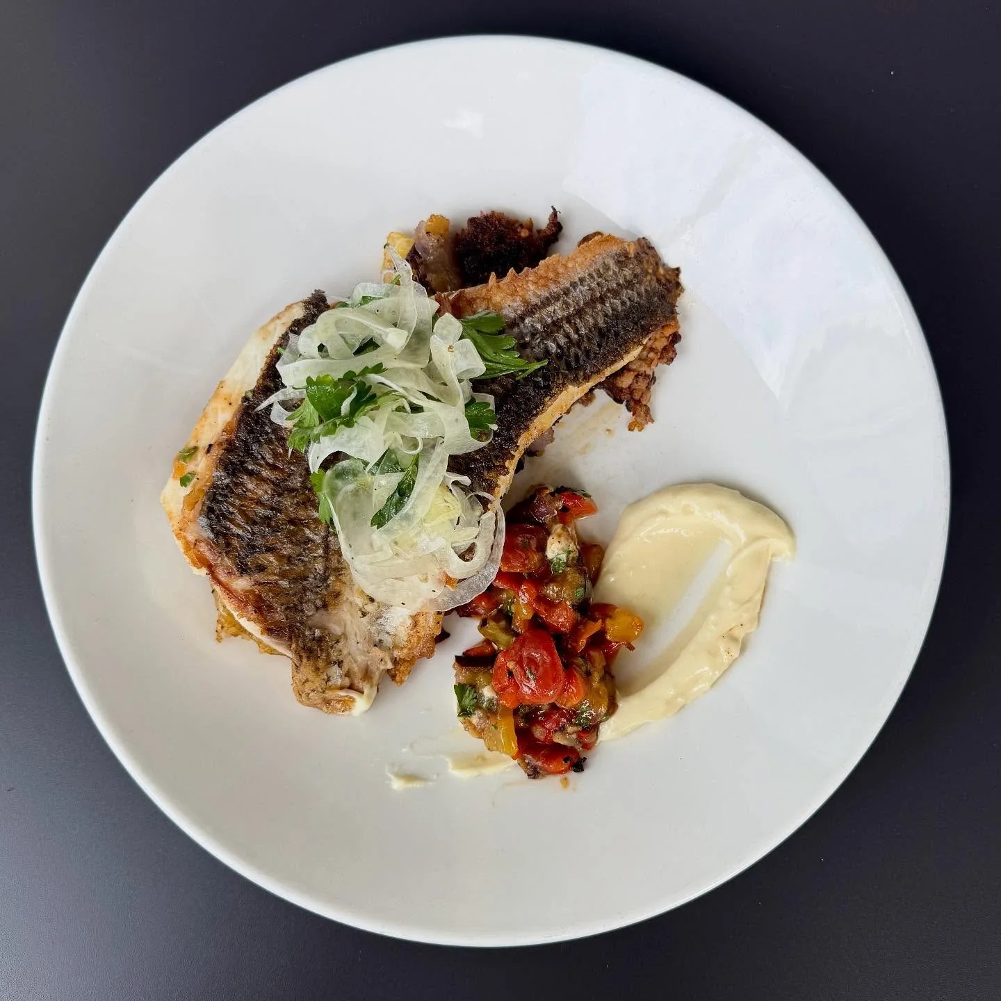 Crispy Striped Bass with Chorizo Smashed Potato &bull; roasted red pepper and tomato relish, banyuls a&iuml;oli, shaved fennel salad

Dinner menu only ✨

📸 @branpanobread #tra1900 #1900bldg