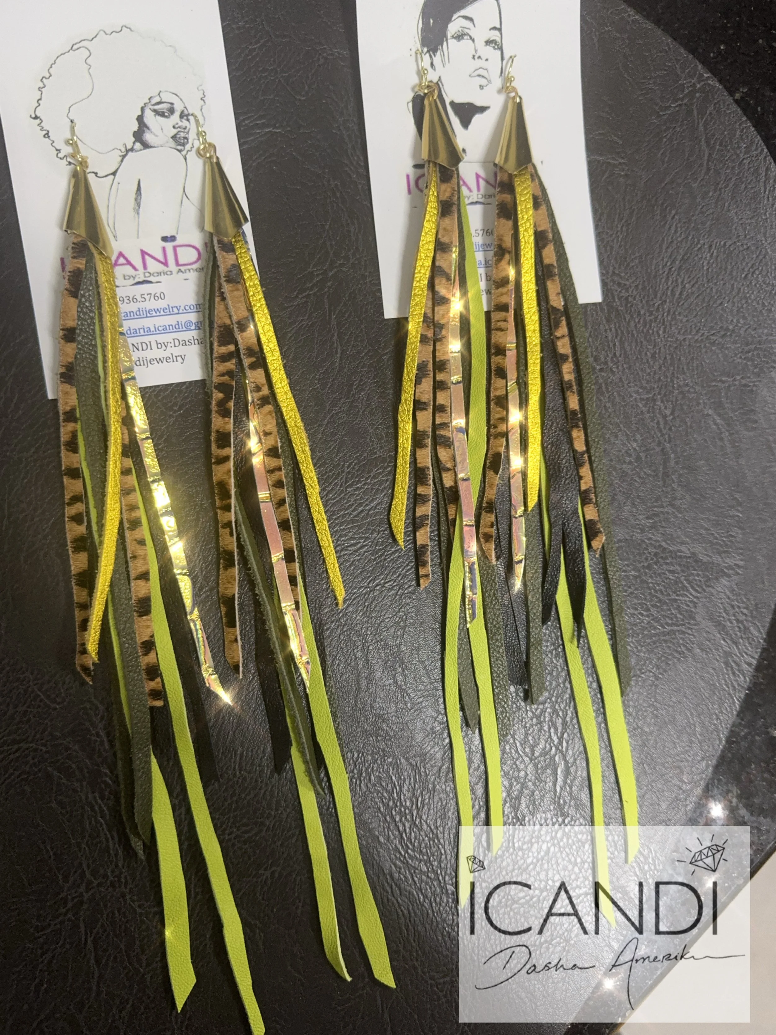 Leather Earrings Handmade green and bronze