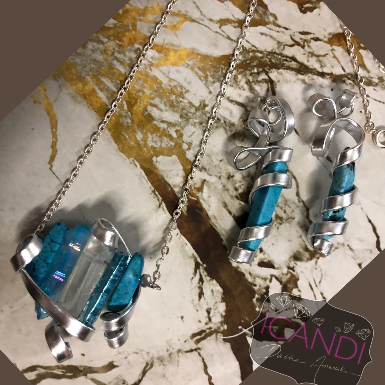 Silver Wire Quartz Crystal and Turquoise Set