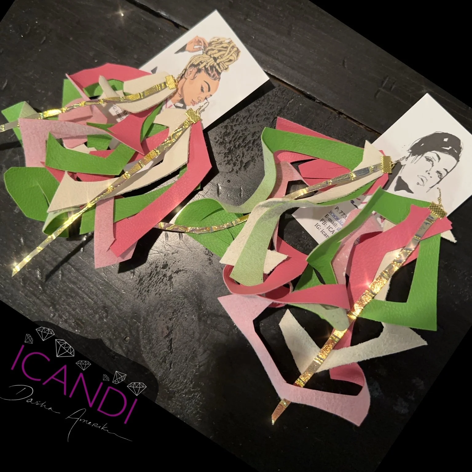 Pink and Green Leather scrappy earrings