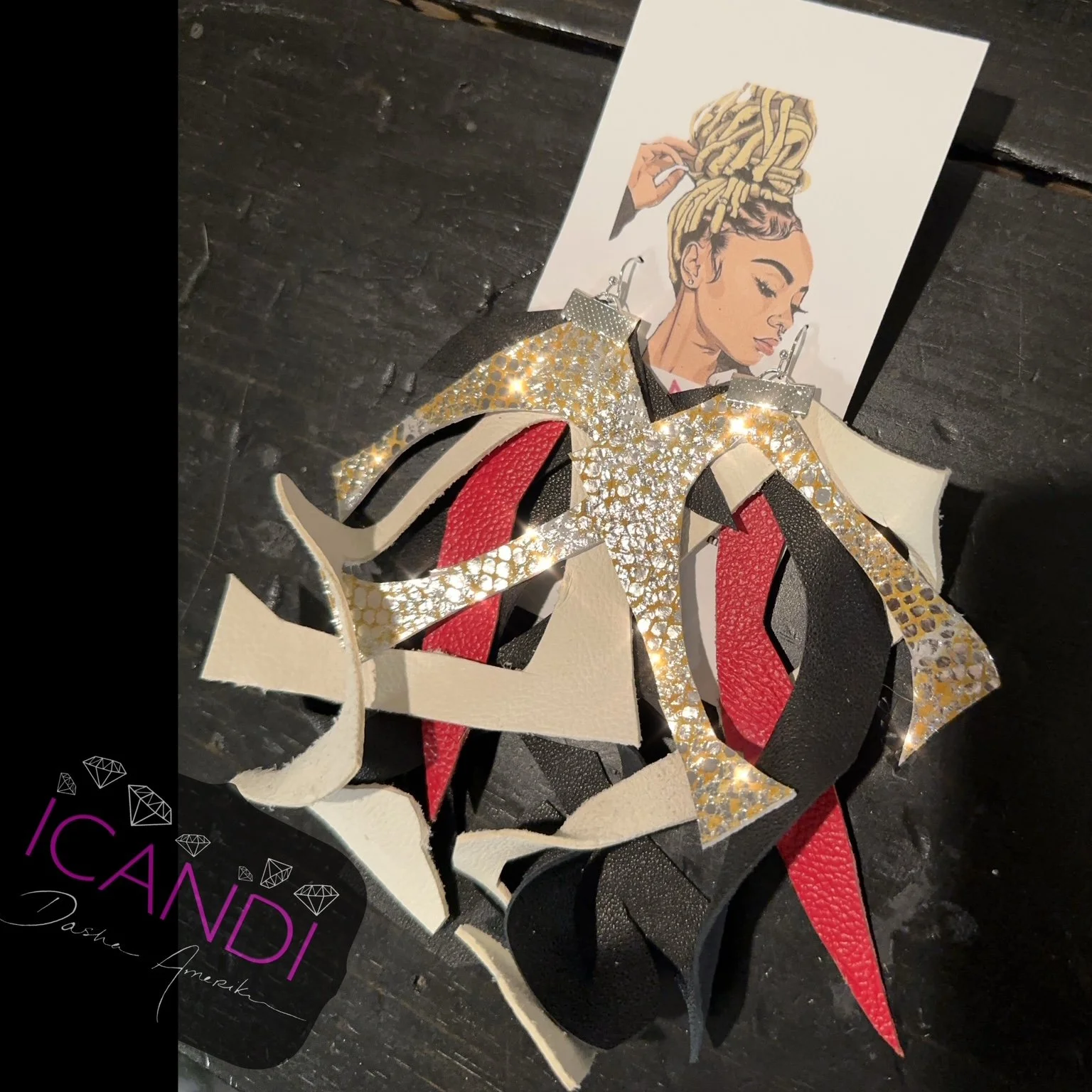 Leather Scrappy Earrings Red Blk Wht