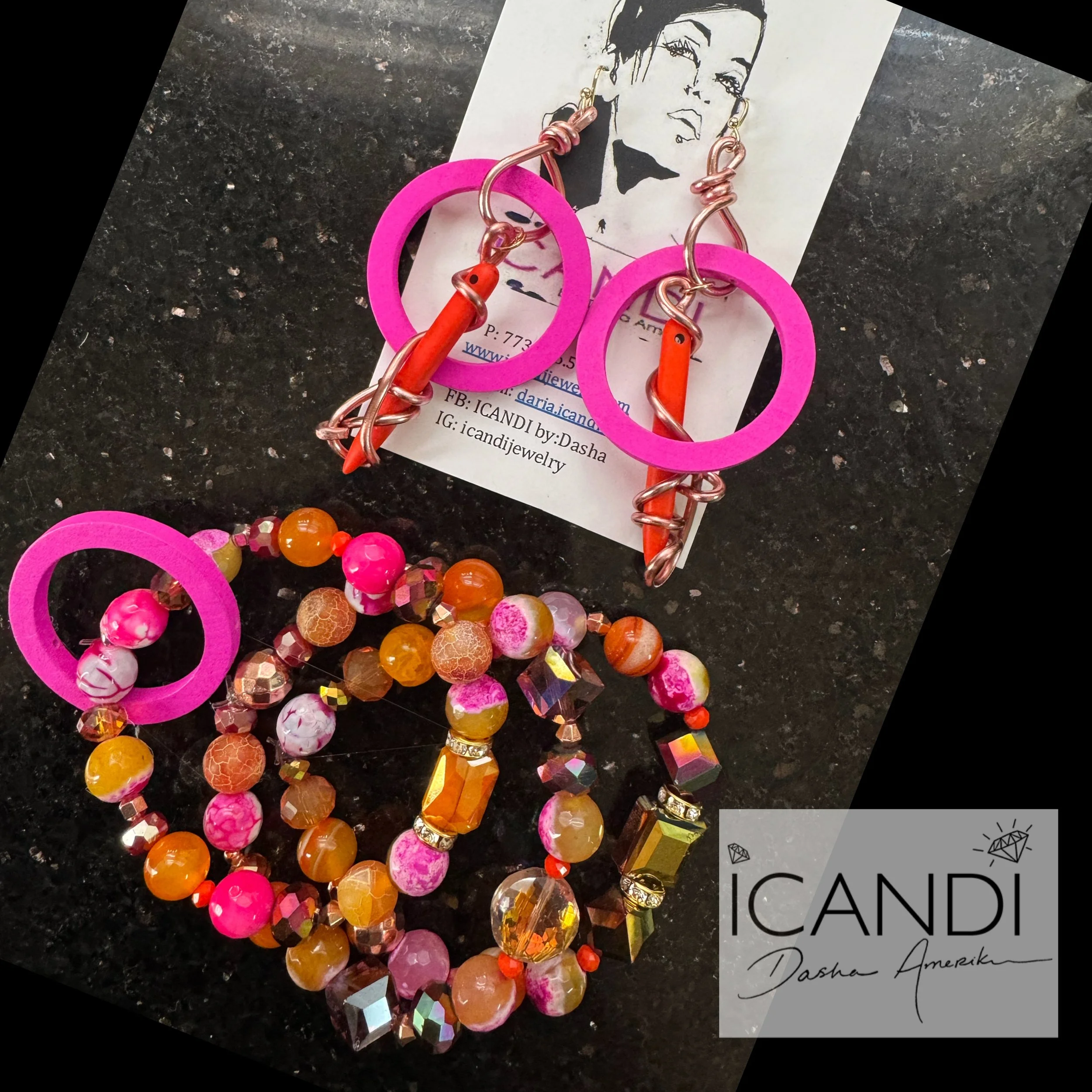 Amber and Pink Agate bracelet set of 3 bracelets with matching earrings