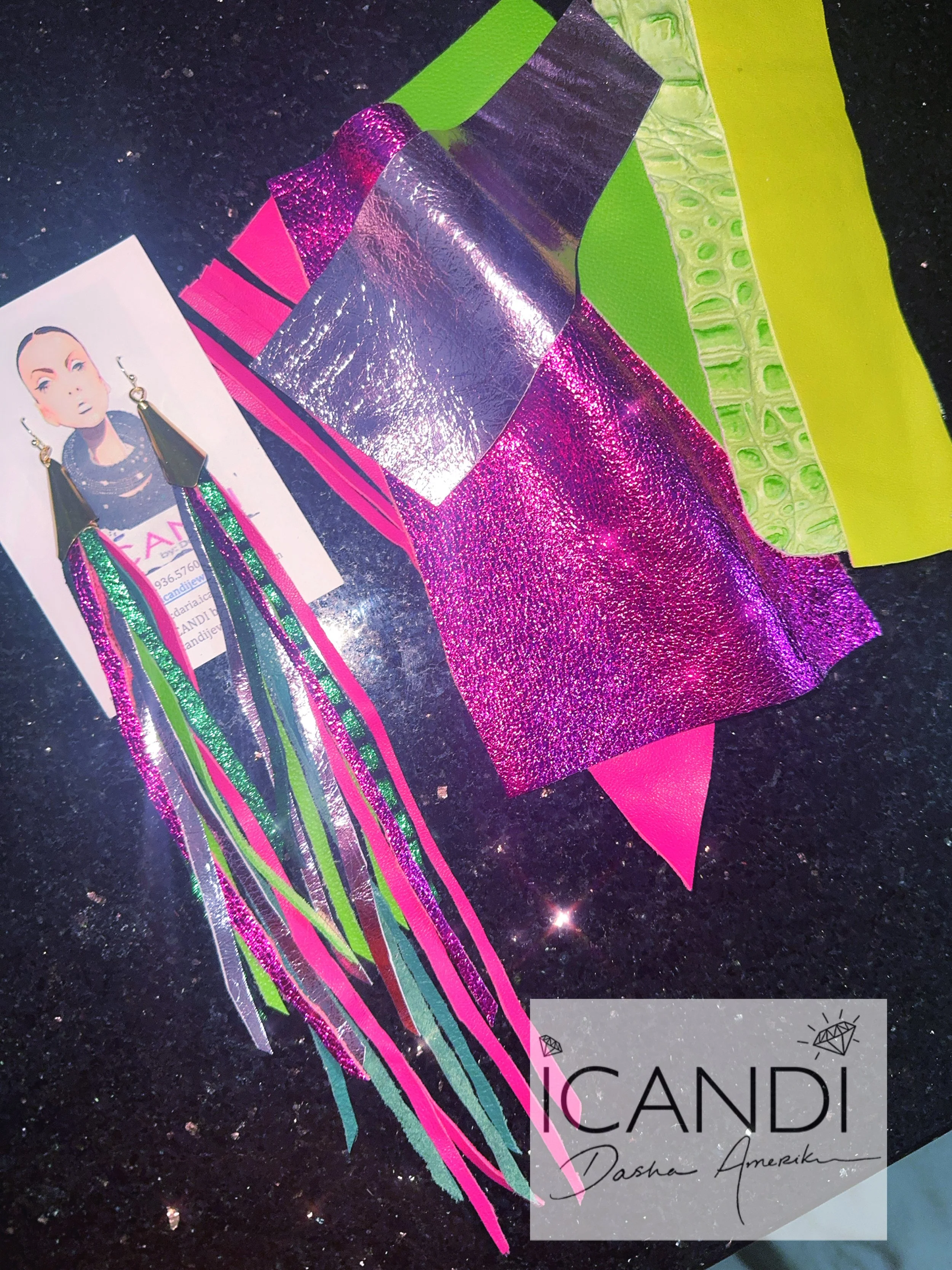 Leather Earrings Pink and Green