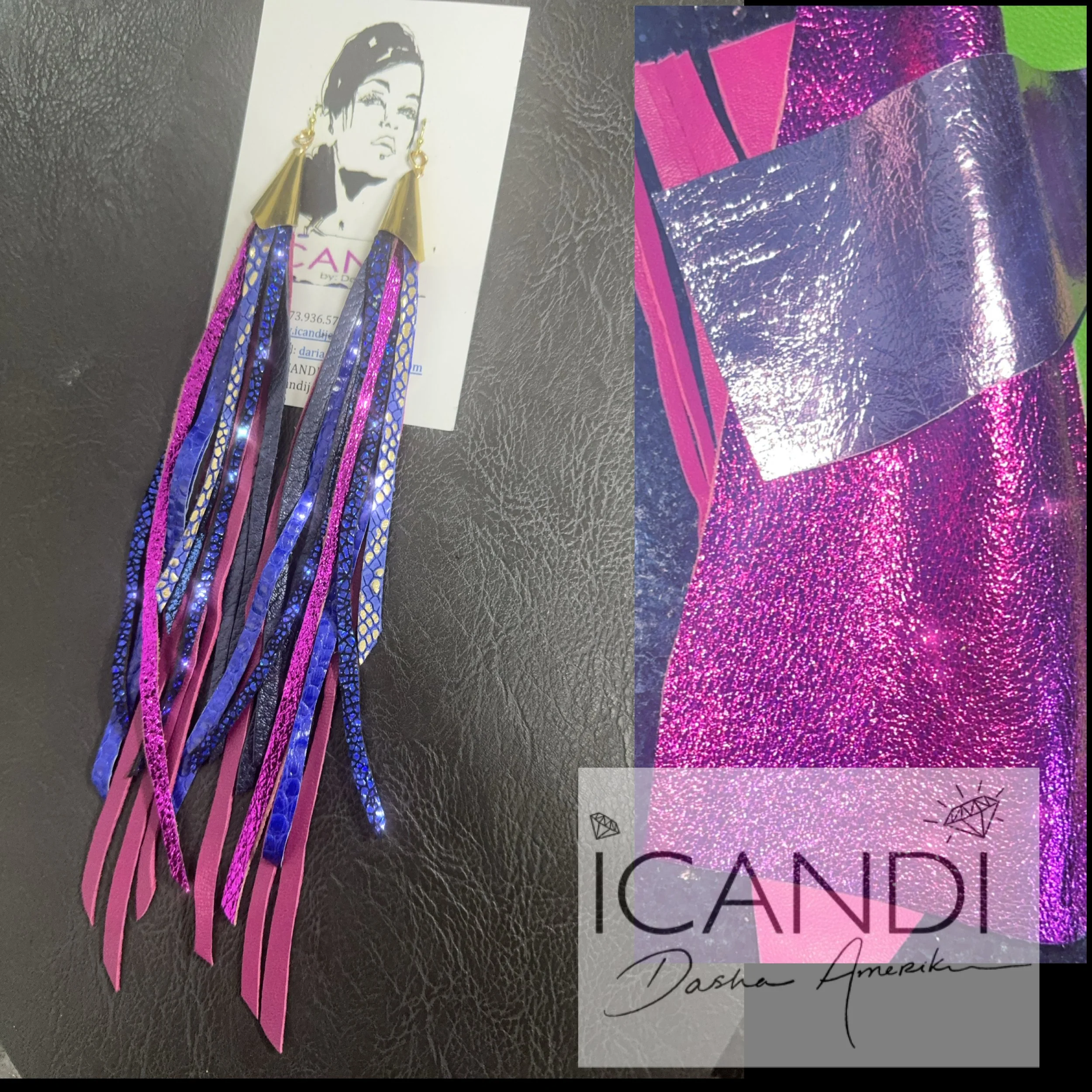 Leather Earrings Handmade Royal Blue and Fuchsia Pink