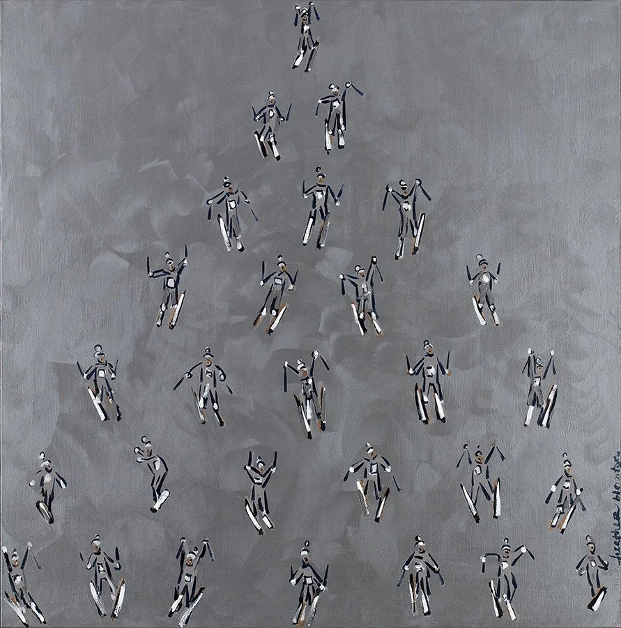 Skiers on Brushed Pewter