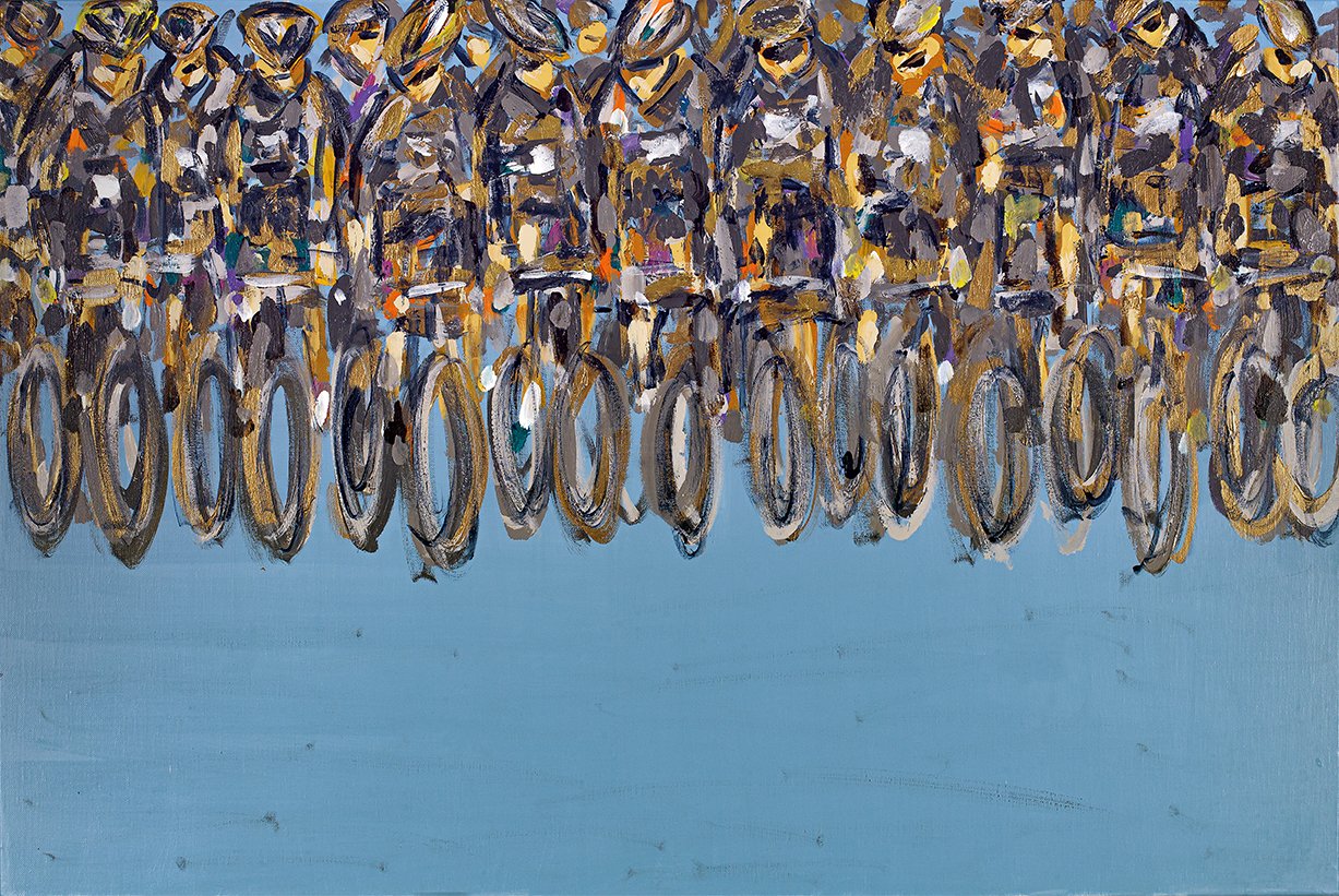Cyclists Line on Blue with Bronze
