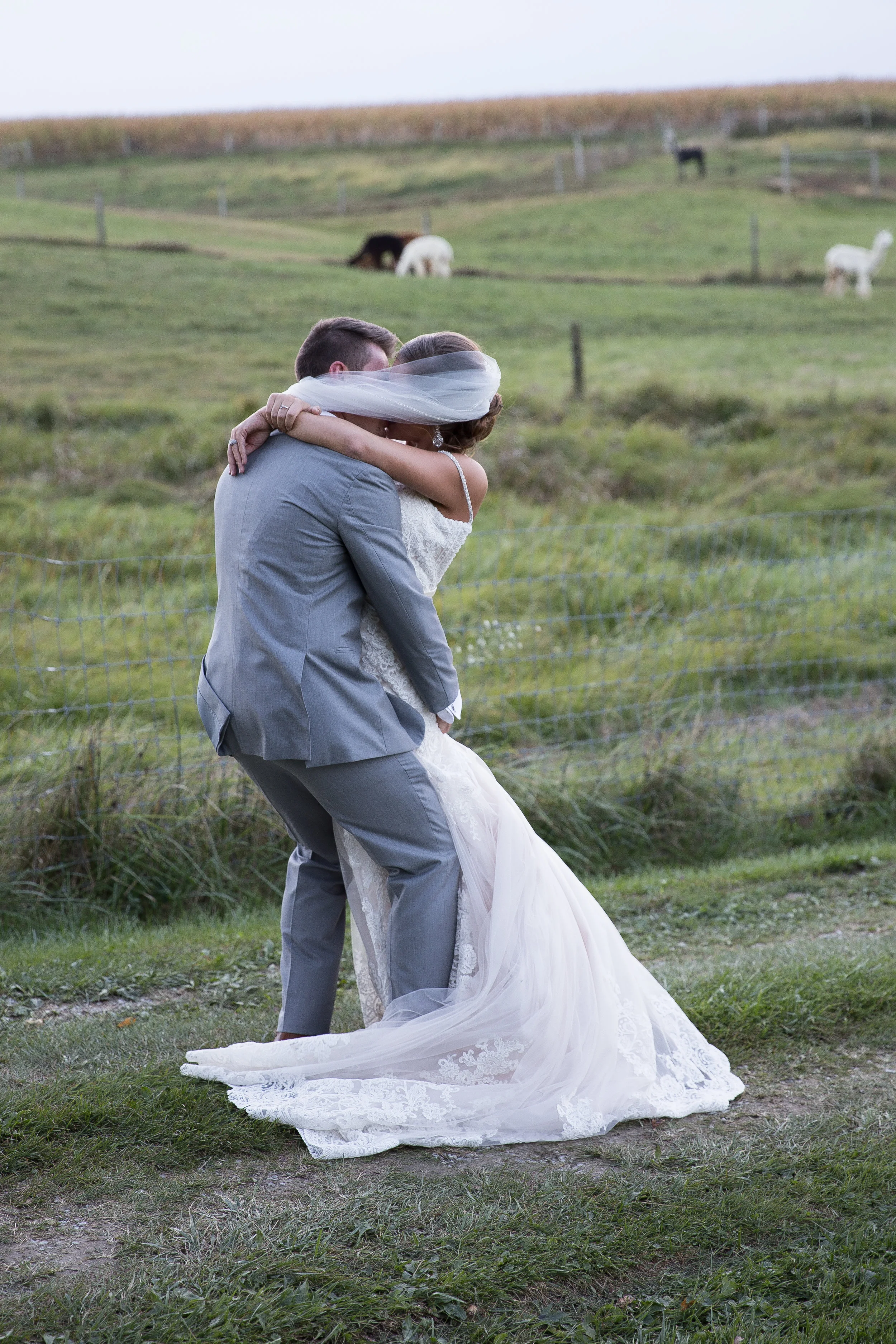 bride and groom kissing on country lane