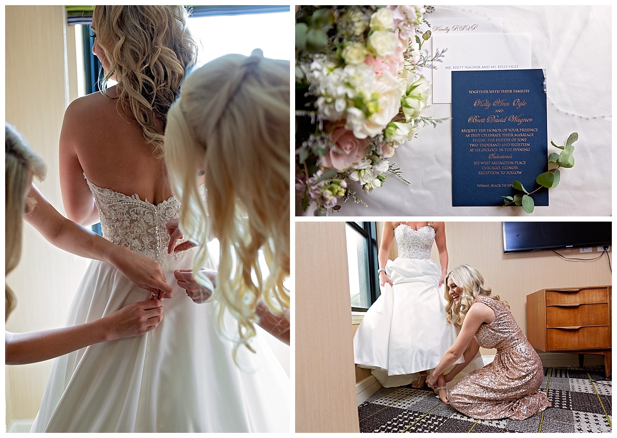 bride getting into dress with help of bridal party