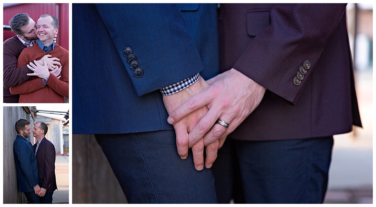 close up of engagement rings and engaged couple posing