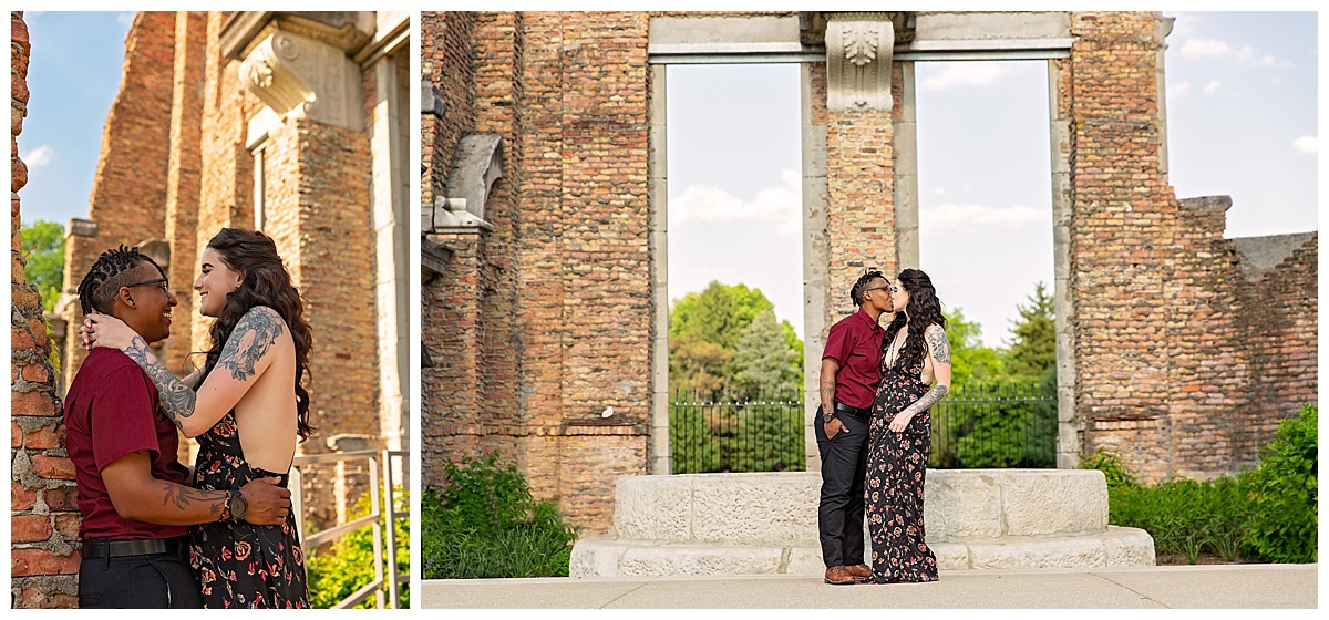 engaged couple with arms around each other at outdoor location