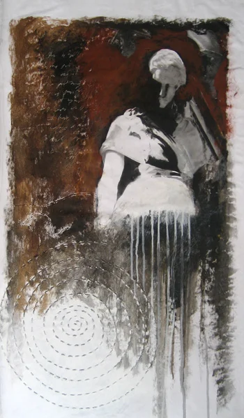 Photo transfer, acrylic on loose canvas.