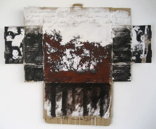 Flattened cardboard box - gessoed, with acrylic paint and photo transfer.