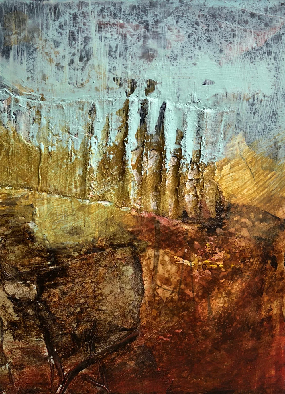 A painting inspired by the Bog. Deep Burnt Siennas and Umbers and yellow golds.