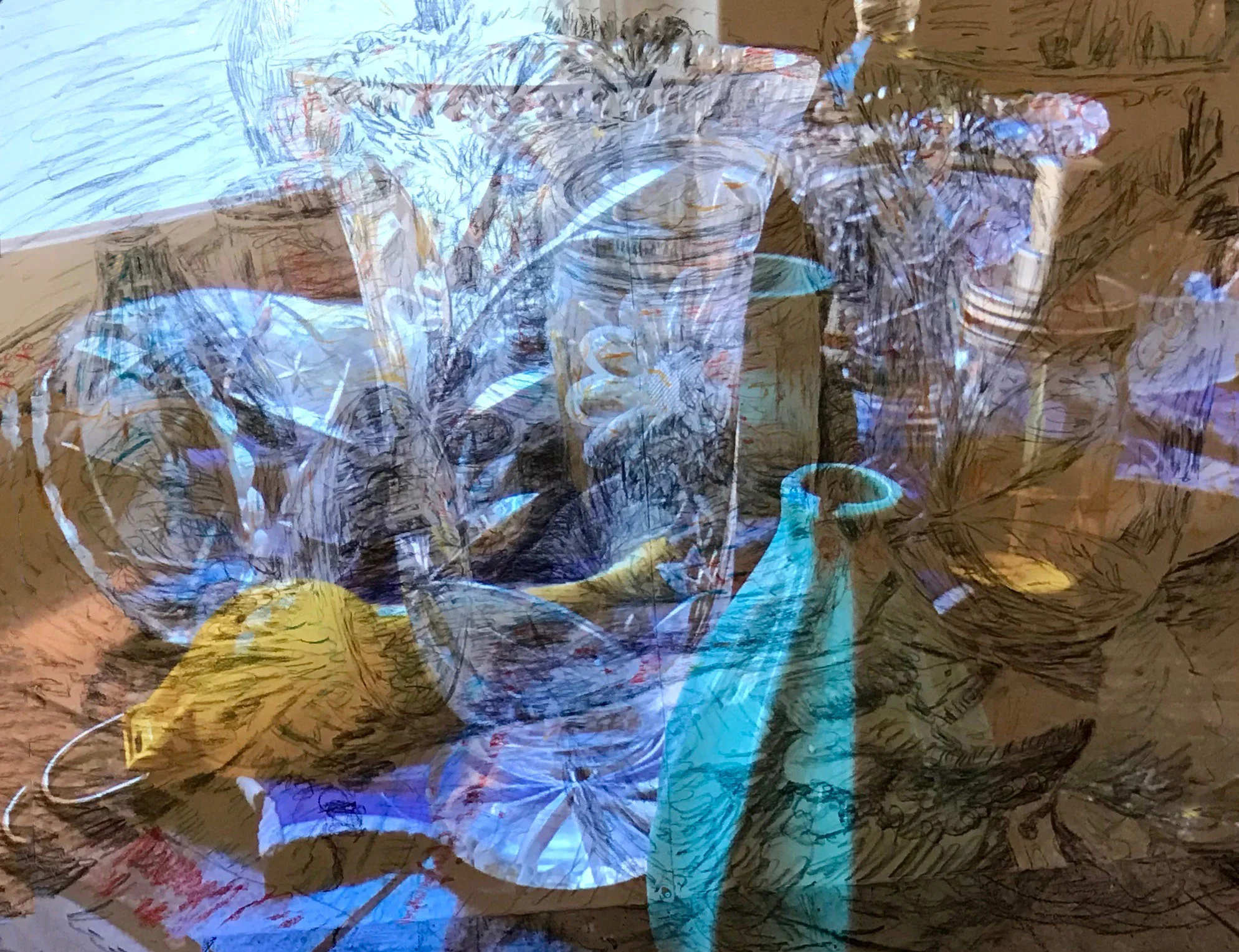 “Blue Glass Dream” charcoal, pastel archival digital print 30” x 40”