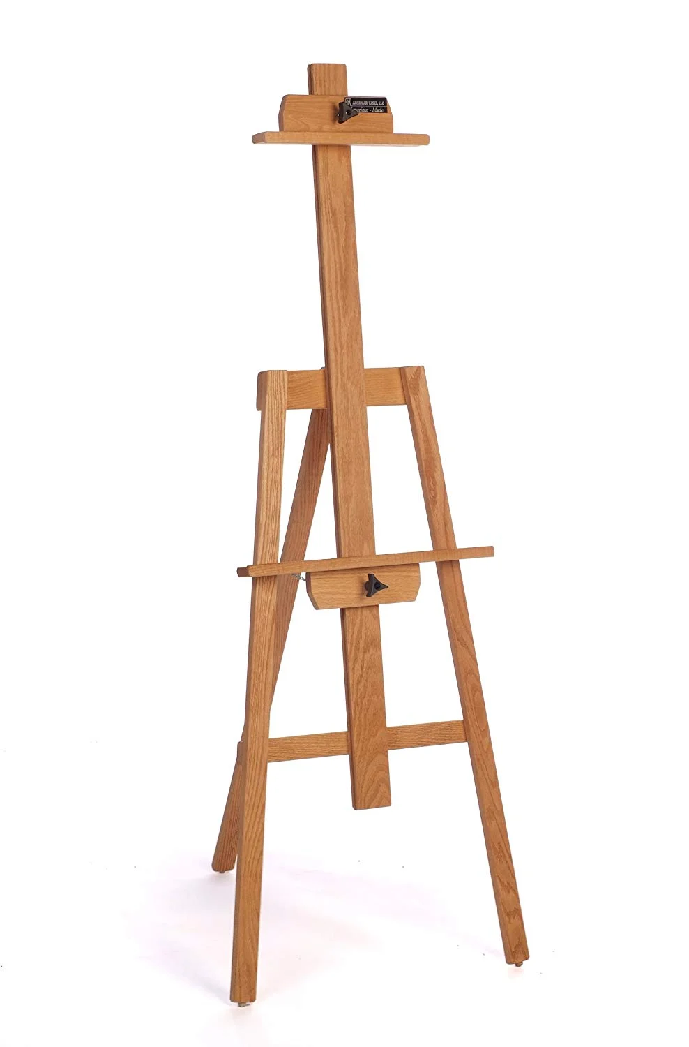 American Easel Oak Yazhi Easel-Golden Finish This is a great sturdy stand up easel for painting on medium/large canvases or panels. I’ve had mine for at least 20 years and it still works perfectly. It folds up relatively flat for carrying in your car when going on painting road trips. It’s fully adjustable and can support canvases and panels of most sizes.