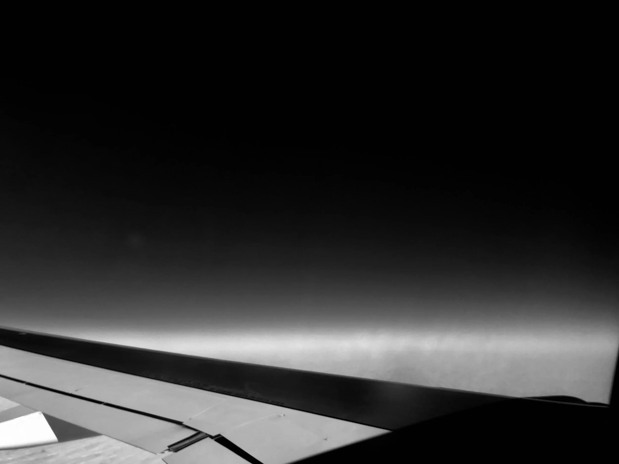 A feathery soft horizon above the wing.