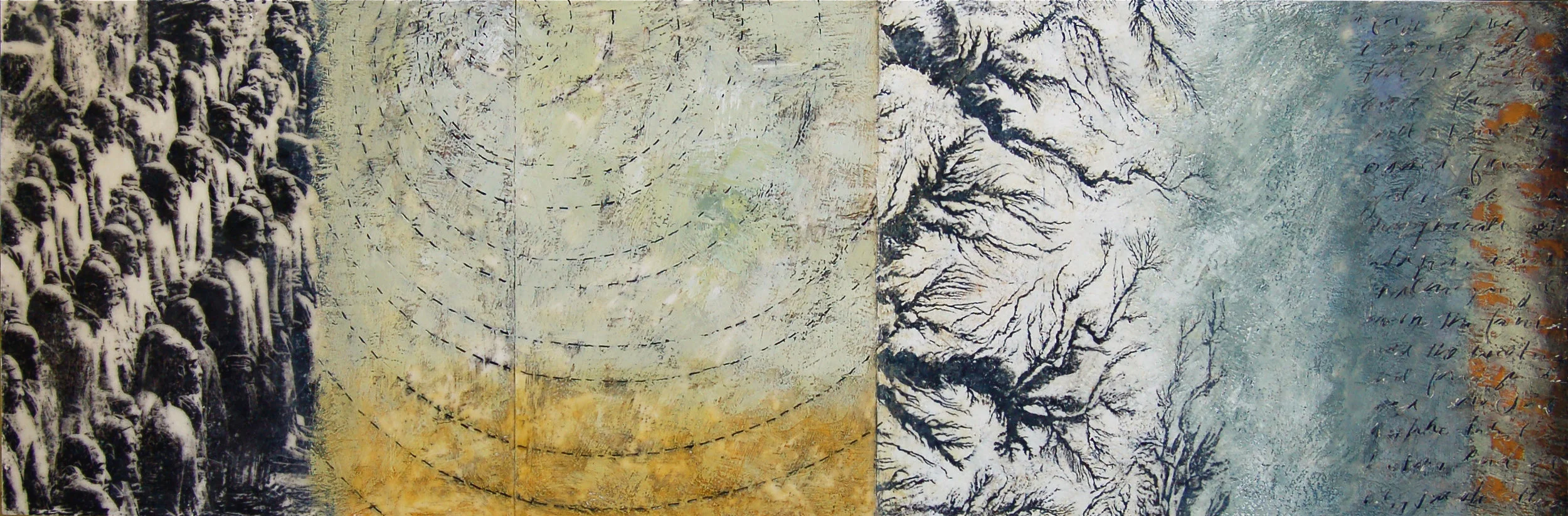 “Point To The Unchanging” 18” x 48” x 3” Encaustic, toner, oil on panel 2008 ©Amy Guion Clay SOLD