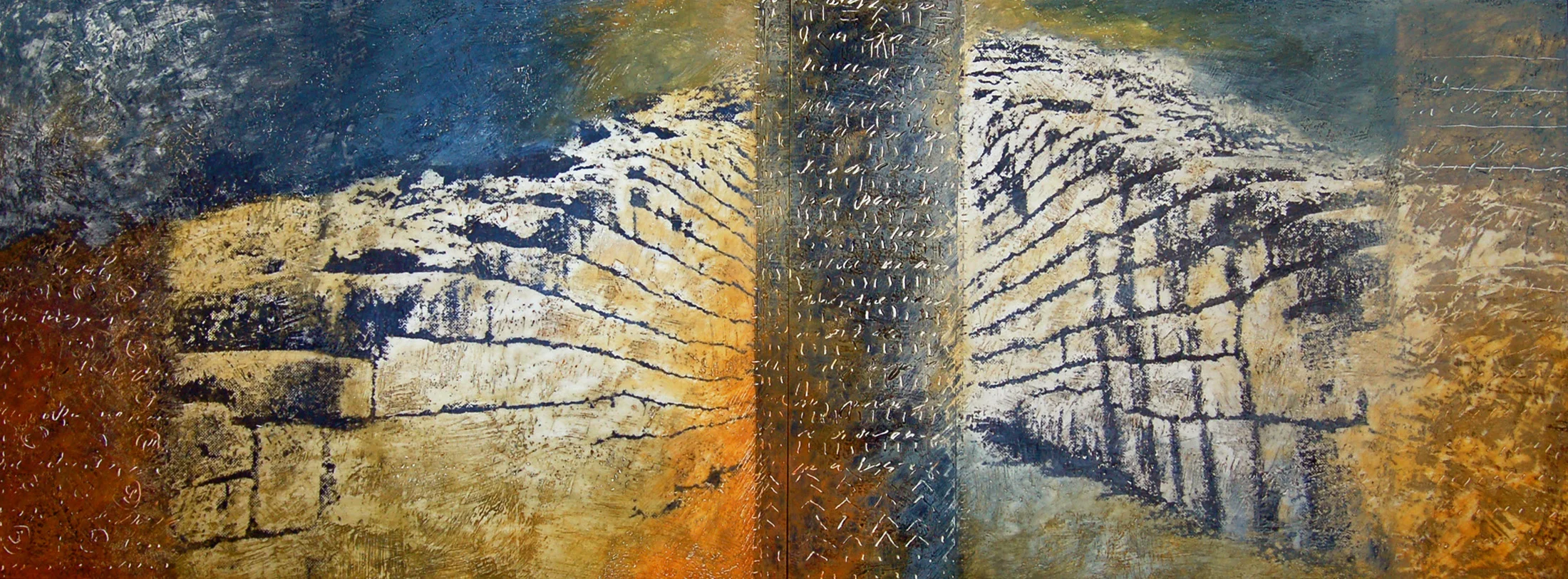 “Heavens Open” 18” x 48” x 3” Encaustic, toner, oil on panel 2008 ©Amy Guion Clay SOLD