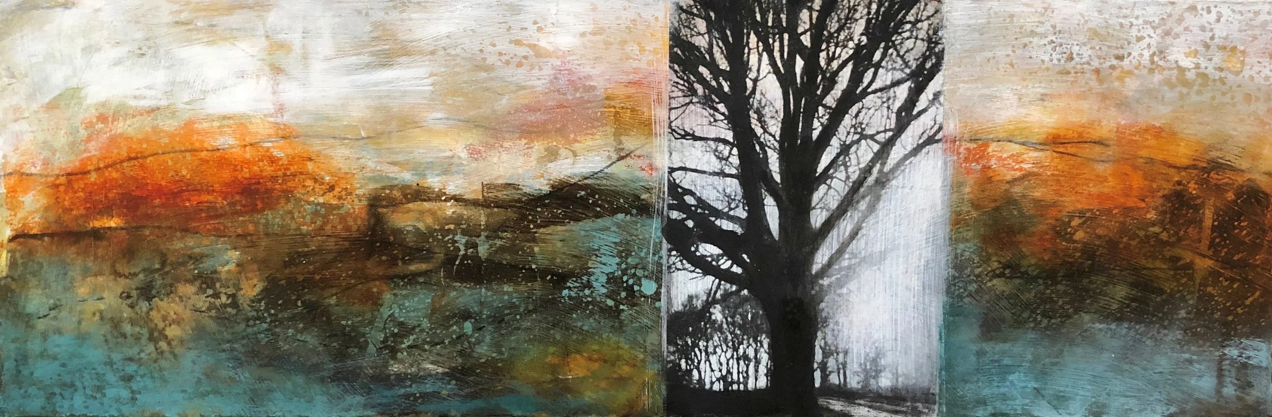 “The Turning Point” 2019 ©Amy Guion Clay 7.5” x 22” Acrylic, toner on Arches paper